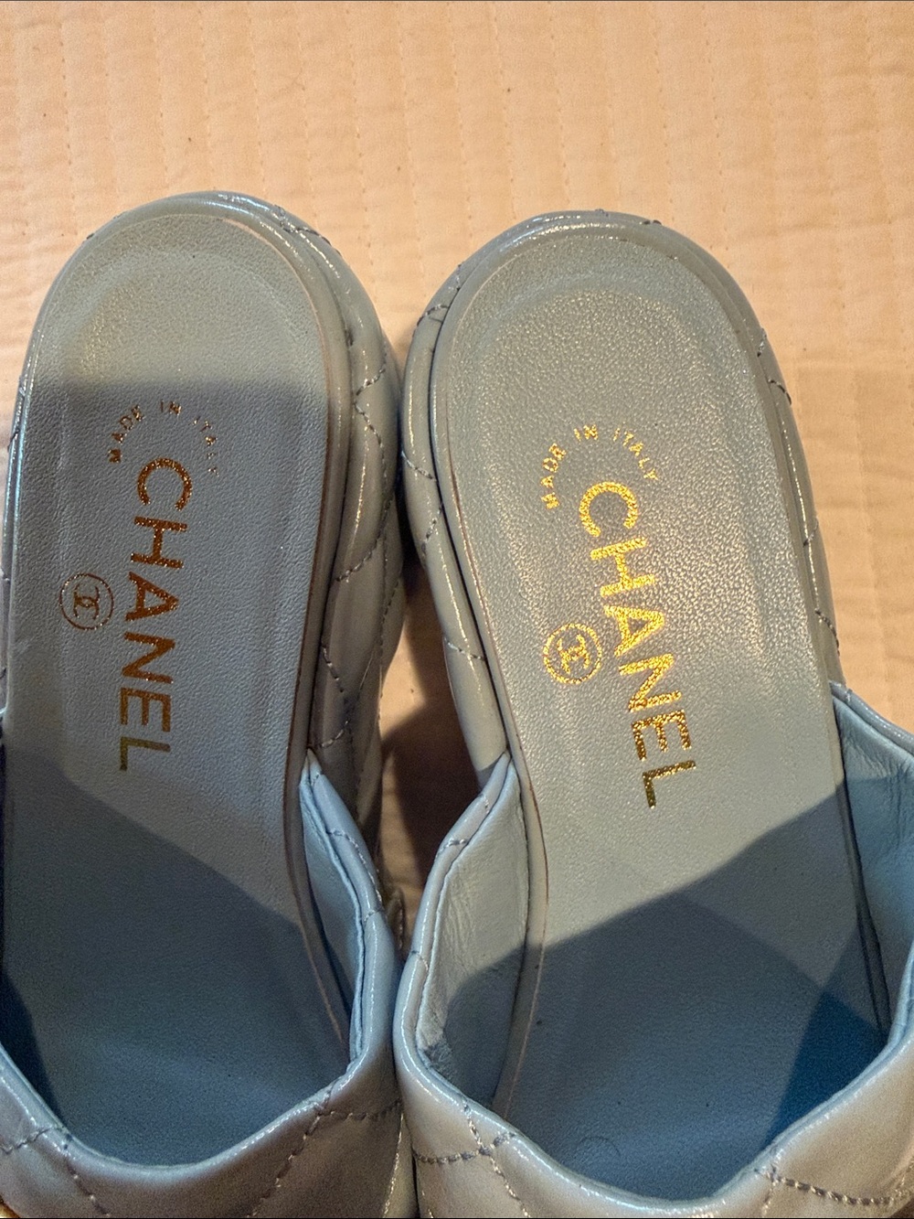 CHANEL Powder Blue Quilted Leather Slide Mules with Gold CC - Picture 8 of 10